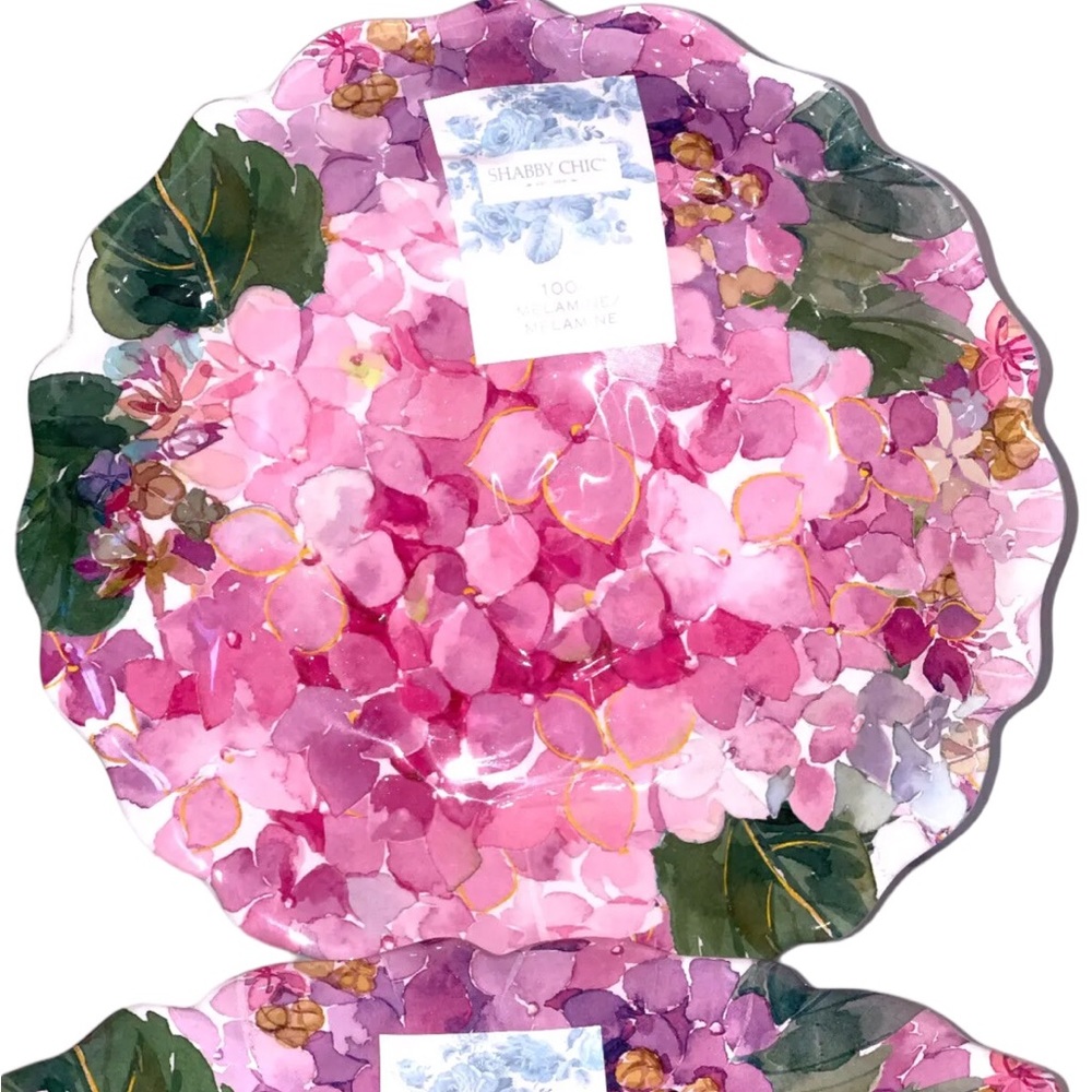 SET OF 4 Shabby Chic PINK HYDRANGEA FLORAL MELAMINE SALAD PLATES SET 8.5 New
